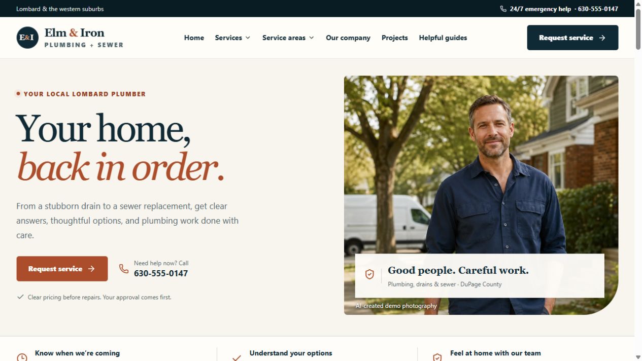 Elm and Iron plumbing website homepage displayed in a browser
