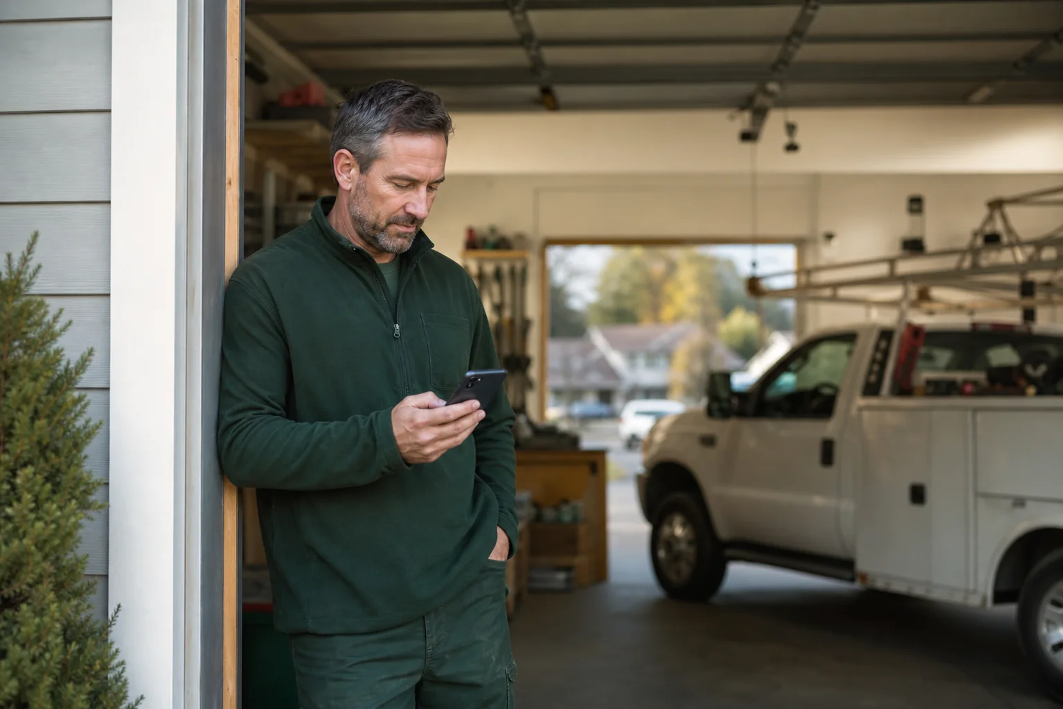 A home-service business owner reviewing his phone beside a service truck in a clean workshop