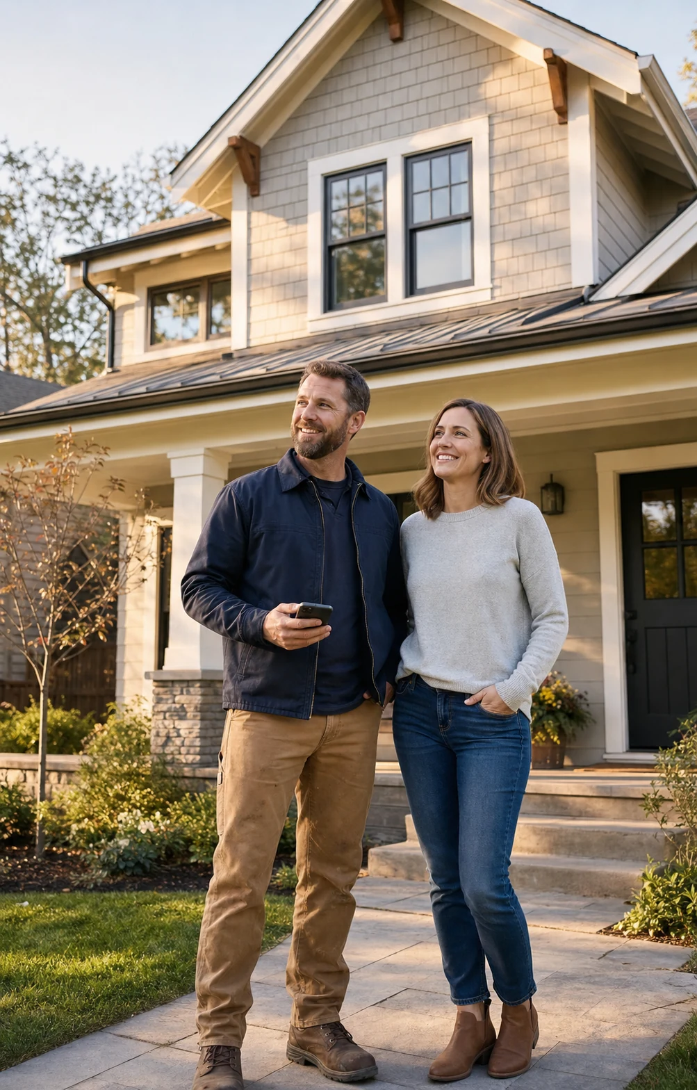 A residential contractor and homeowner admiring a newly completed home exterior.