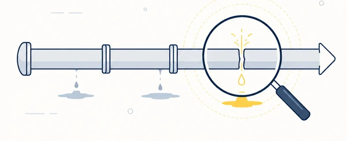 Illustration of a magnifying glass finding a leak in a contractor sales pipeline.