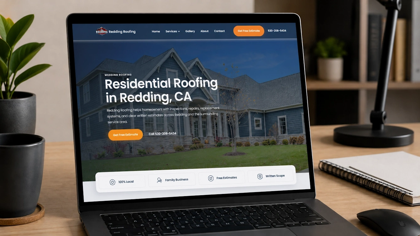 Roofing website example displayed on a laptop