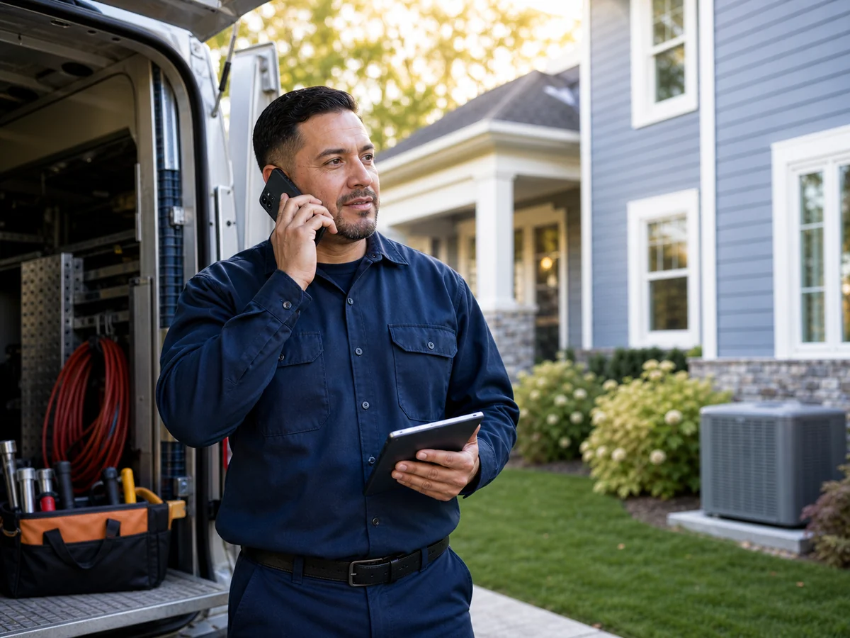 An HVAC contractor answering a customer call beside his service van at a completed home project.