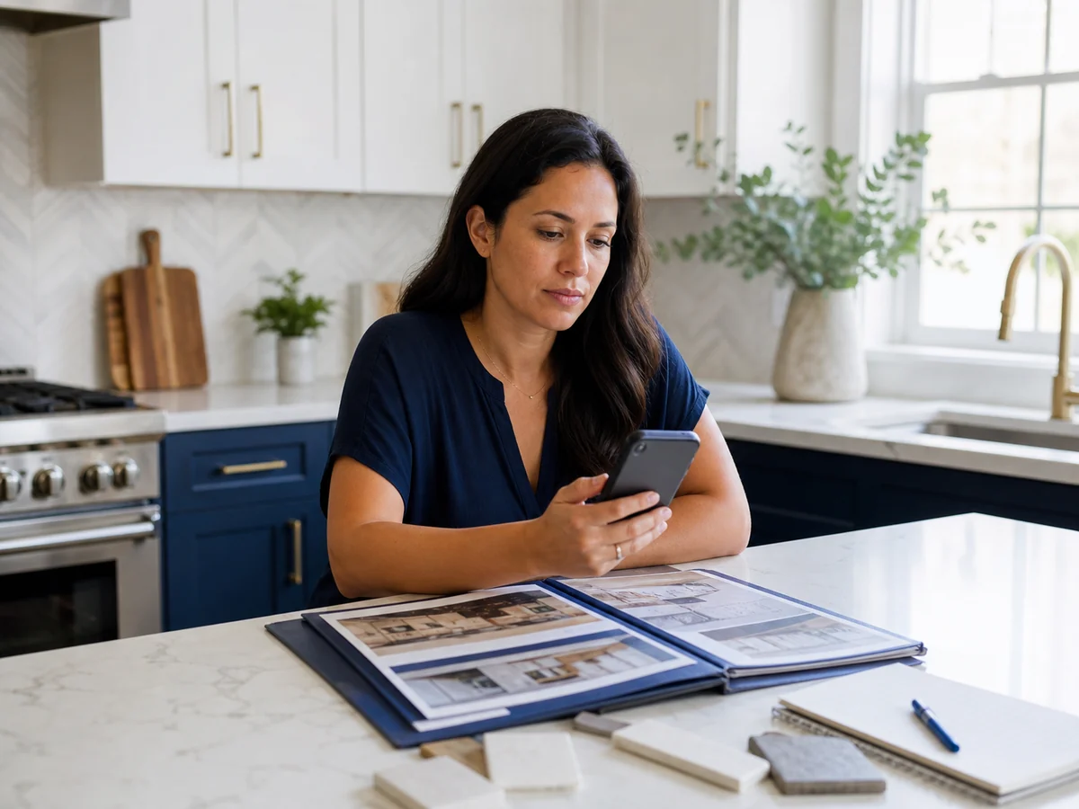 A homeowner comparing contractor options on her phone in a recently renovated kitchen.