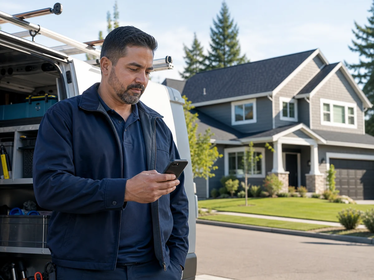 A residential contractor checking his phone beside a service van and a newly completed roof.